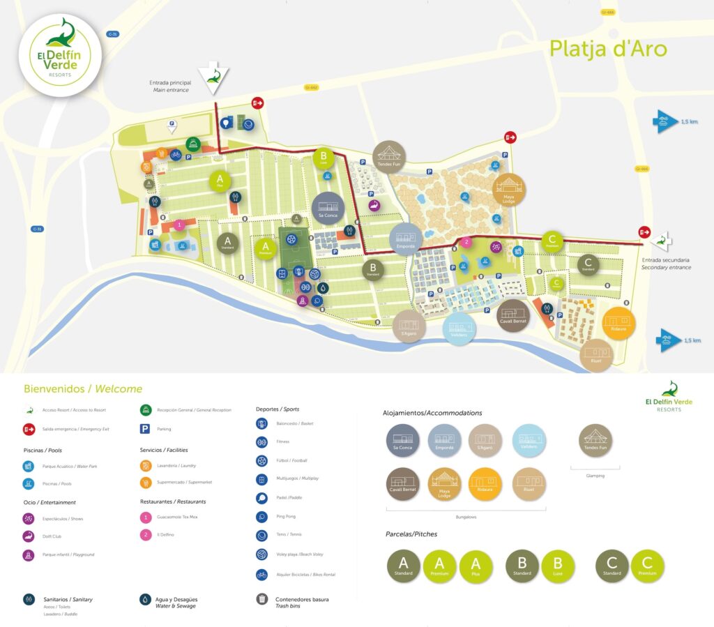 Plattegrond en kaart Camping El Delfin Verde Resort Platja d'Aro
